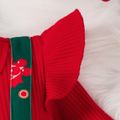 Christmas 2pcs Baby Girl Red Ribbed Long-sleeve Ruffle Bow Decor Spliced Gingerbread Man Print Dress with Headband Set Red image 4