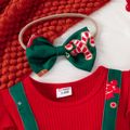 Christmas 2pcs Baby Girl Red Ribbed Long-sleeve Ruffle Bow Decor Spliced Gingerbread Man Print Dress with Headband Set Red image 3
