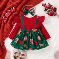 Christmas 2pcs Baby Girl Red Ribbed Long-sleeve Ruffle Bow Decor Spliced Gingerbread Man Print Dress with Headband Set Red image 2
