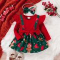 Christmas 2pcs Baby Girl Red Ribbed Long-sleeve Ruffle Bow Decor Spliced Gingerbread Man Print Dress with Headband Set Red image 1