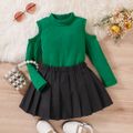2pcs Toddler Girl Trendy Mock Neck Cold Shoulder Tee and Pleated Skirt Set Green image 1
