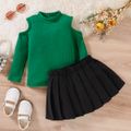 2pcs Toddler Girl Trendy Mock Neck Cold Shoulder Tee and Pleated Skirt Set Green image 2