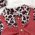 2pcs Baby Girl Leopard & Solid Spliced Long-sleeve Corduroy Jumpsuit & Headband Set Pink image 3