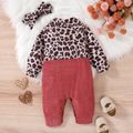 2pcs Baby Girl Leopard & Solid Spliced Long-sleeve Corduroy Jumpsuit & Headband Set Pink image 2
