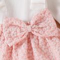 3pcs Baby Girl Solid Cotton Ribbed Ruffle Trim Long-sleeve Romper and Floral Textured Bow Front Skirt & Headband Set Pink image 5