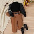 3pcs Toddler Girl Elegant Puff-sleeve Black Tee and PU Pants & Belt Set Black image 1