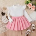 2pcs Toddler Girl Preppy style Ruffled Mock Neck Tee and Pleated Skirt Set Pink image 1