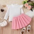 2pcs Toddler Girl Preppy style Ruffled Mock Neck Tee and Pleated Skirt Set Pink image 2