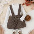 2pcs Toddler Girl Preppy style Mock Neck Ribbed Tee and Houndstooth Suspender Skirt Set White image 1