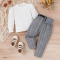 3pcs Toddler Girl Trendy Puff-sleeve Tee & Plaid Pants and Belted Waist Bag Set White image 2
