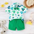 St. Patrick's Day 2pcs Baby Boy Allover Leaf Print Short-sleeve Shirt and Solid Shorts Set Green image 3