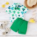St. Patrick's Day 2pcs Baby Boy Allover Leaf Print Short-sleeve Shirt and Solid Shorts Set Green image 1
