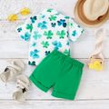 St. Patrick's Day 2pcs Baby Boy Allover Leaf Print Short-sleeve Shirt and Solid Shorts Set Green image 2