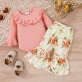 2pcs Baby Girl Solid Ribbed Ruffle Trim Flare-sleeve Romper and Floral Print Flared Pants Set Pink image 3