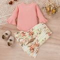 2pcs Baby Girl Solid Ribbed Ruffle Trim Flare-sleeve Romper and Floral Print Flared Pants Set Pink image 2