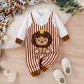 Baby Boy/Girl Lion Embroidered Brown Striped Faux-two Long-sleeve Jumpsuit Brown image 1