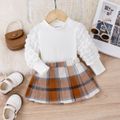 2pcs Baby Girl Gigot Sleeve Top & Plaid Skirt Set Brown image 4