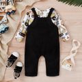 2pcs Baby Boy Allover Excavator Print Long-sleeve Tee and Overalls Pants Set Black image 2