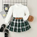 2pcs Toddler Girl Preppy style Mock Neck Ribbed Tee and Plaid Pleated Skirt Set Green image 1
