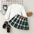 2pcs Toddler Girl Preppy style Mock Neck Ribbed Tee and Plaid Pleated Skirt Set Green image 2