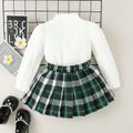 2pcs Toddler Girl Preppy style Mock Neck Ribbed Tee and Plaid Pleated Skirt Set Green image 3