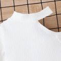 2pcs Toddler Girl Sweet Cold Shoulder Ribbed Tee and Ruffled Wrap Plaid Skirt Set White image 3