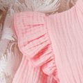 2pcs Baby Girl 95% Cotton Crepe Solid Ruffle Trim Bow Decor Long-sleeve Romper & Headband Set Pink image 3