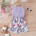 2pcs Toddler Girl Sweet Ruffled Ribbed Camisole and Butterfly Print Shorts Set Purple image 1