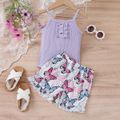 2pcs Toddler Girl Sweet Ruffled Ribbed Camisole and Butterfly Print Shorts Set Purple image 2
