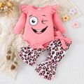 3pcs Baby Girl Ruffle Long-sleeve Graphic Romper and Leopard Print Flared Pants & Belt Set Pink image 1