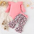 3pcs Baby Girl Ruffle Long-sleeve Graphic Romper and Leopard Print Flared Pants & Belt Set Pink image 3