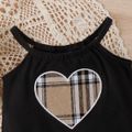 2pcs Baby Girl Heart Embroidered Cami Romper and Plaid Belted Shorts Set Black image 3