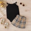2pcs Baby Girl Heart Embroidered Cami Romper and Plaid Belted Shorts Set Black image 2