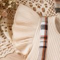 2pcs Baby Girl 95% Cotton Ribbed Ruffle-sleeve Bow Decor Spliced Plaid Romper & Headband Set Apricot image 3