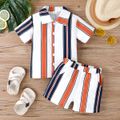 2pcs Toddler Boy Boho Stripe Lapel Collar Shirt and Shorts Set White image 1