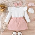 3pcs Baby Girl 95% Cotton Ribbed Ruffle Long-sleeve Top and Bow Front Skirt & Headband Set Pink image 2