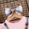 2pcs Baby Girl 95% Cotton Ribbed Ruffle Trim Bow Decor Short-sleeve Spliced Plaid Dress & Headband Set Pink image 3