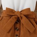 3pcs Toddler Girl Trendy Ribbed Puff-sleeve Tee and Corduroy Skirt & Belt Set White image 5