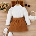 3pcs Toddler Girl Trendy Ribbed Puff-sleeve Tee and Corduroy Skirt & Belt Set White image 3