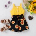 Baby Girl Sunflower Print & Ribbed Spliced Spaghetti Strap Romper Shorts Yellow image 1