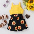 Baby Girl Sunflower Print & Ribbed Spliced Spaghetti Strap Romper Shorts Yellow image 2