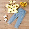 2pcs Toddler Girl Trendy Ripped Denim Jeans and Floral Print Tee Set Yellow image 2