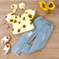 2pcs Toddler Girl Trendy Ripped Denim Jeans and Floral Print Tee Set Yellow image 1