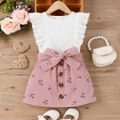 2pcs Toddler Girl Sweet Ruffled Sleeveless Tee and Floral Print Corduroy Skirt Set Pink image 1