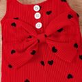 Baby Girl Cotton Ribbed Allover Heart Print Bow Front Ruffle Trim Cami Romper Red image 3