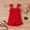Baby Girl Cotton Ribbed Allover Heart Print Bow Front Ruffle Trim Cami Romper Red image 2