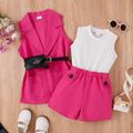 4pcs Toddler Girl Trendy Sleeveless Tee & Shorts & Lapel Collar Coat and Belted Waist Bag Set Roseowhite image 2