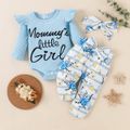 3pcs Baby Girl 95% Cotton Ribbed Ruffle Long-sleeve Letter Graphic Romper and Floral Print Striped Bow Front Pants & Headband Set Blue image 1
