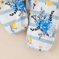 3pcs Baby Girl 95% Cotton Ribbed Ruffle Long-sleeve Letter Graphic Romper and Floral Print Striped Bow Front Pants & Headband Set Blue image 3