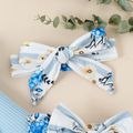 3pcs Baby Girl 95% Cotton Ribbed Ruffle Long-sleeve Letter Graphic Romper and Floral Print Striped Bow Front Pants & Headband Set Blue image 5